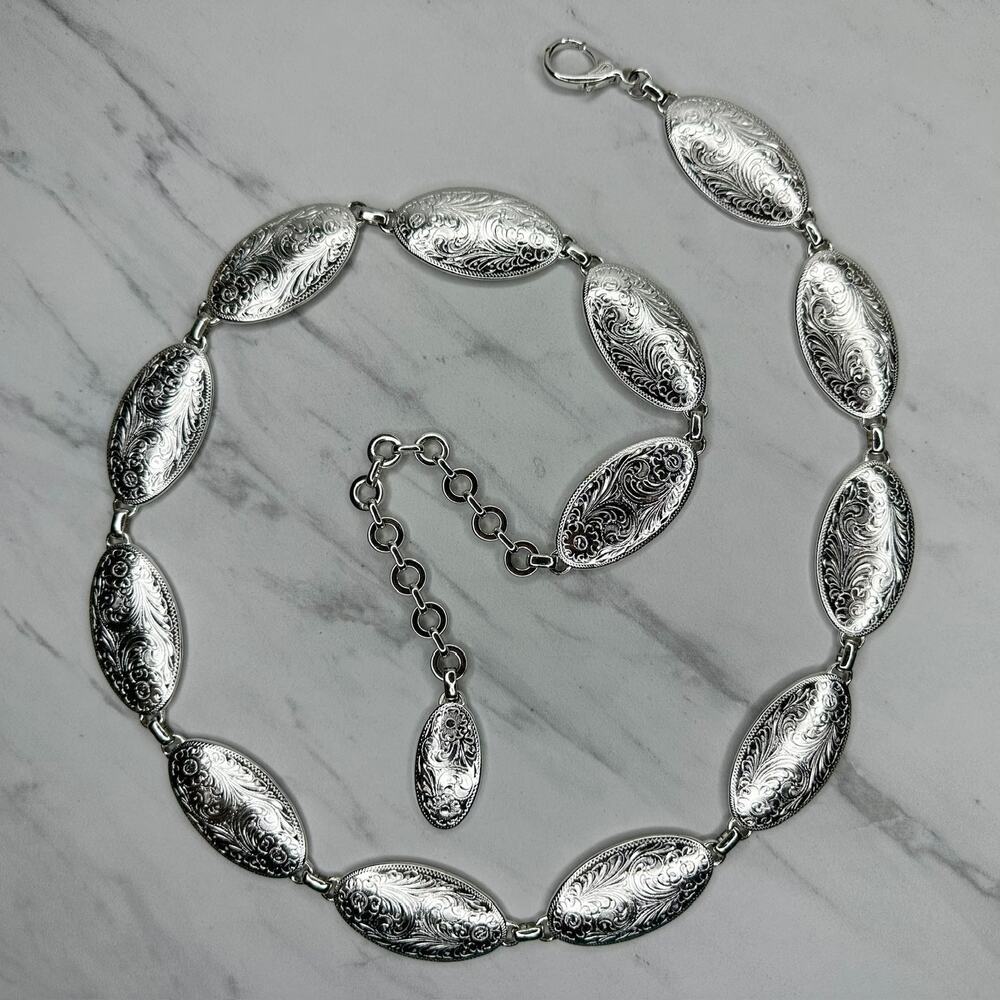 Womens Floral Engraved Concho Silver Tone Chain Belt L/XL Large ✨